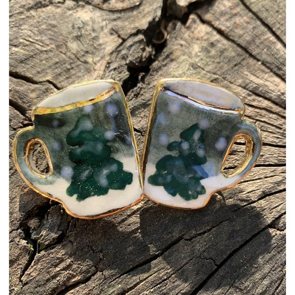 Vintage Christmas Coffee Mug Earrings Handmade Painted on Christmas Trees - Picture 2 of 6